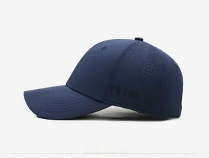 Detail of dark blue quick-dry baseball cap featuring breathable laser-cut side vents