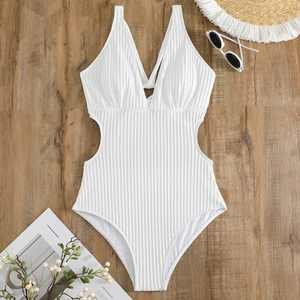Chic white ribbed one-piece swimsuit with deep V-neck and stylish side cut-outs