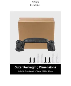 Industrial black cast iron handle set with mounting screws and packaging box detail
