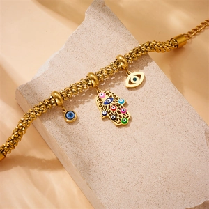 Gold Hamsa Hand and Evil Eye stainless steel bracelet with colorful enamel charms