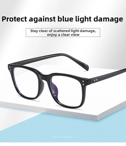 Detail of TR90 square glasses frame with silver dot accents and anti-blue light lenses
