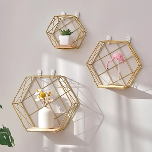 Nordic hexagonal wall shelves with gold metal frames and wood bases for home decor
