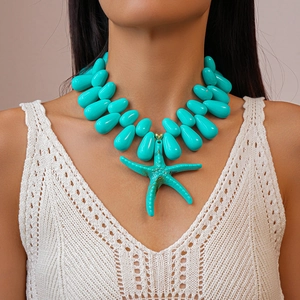 Ocean-style necklace with turquoise teardrop beads and a large starfish pendant on model