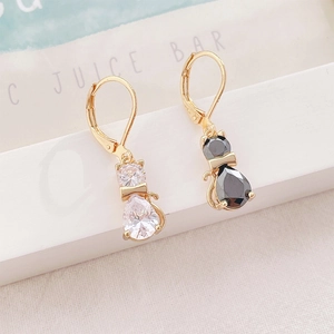 Cat Dangle Leverback Earrings Copper With Cubic Zirconia Gold Plated Sweet Animal Jewelry For Women