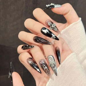 Dark Gothic handmade press-on nails featuring silver butterflies and smoky gradients