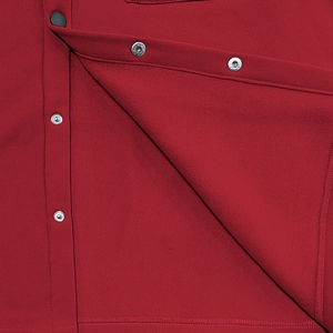 Detail of dark red heavy duty jacket featuring premium silver metal snap buttons and stitching