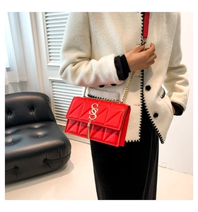 Close-up of a red quilted leather shoulder bag with a gold tassel logo buckle
