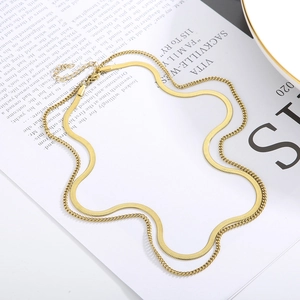 Double-layered golden herringbone and link chain necklace with lobster clasp