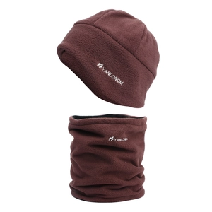 Detailed texture of fleece beanies and neck gaiter set with YANLONGM embroidery