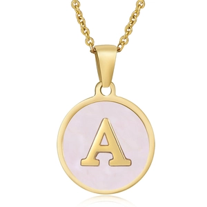 18K gold plated stainless steel necklace with pink shell pendant and letter A charm
