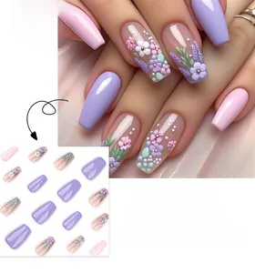 Detailed 3D floral accents and white polka dots on lavender ballerina press-on nails