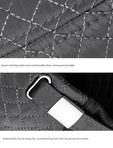 Detail of diamond quilted fabric and adjustable metal buckle on winter baseball cap