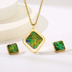 Golden titanium steel jewelry set with green resin pendants and square earrings