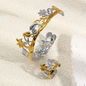 18K gold-plated stainless steel open bracelet and ring set with ocean shell and starfish