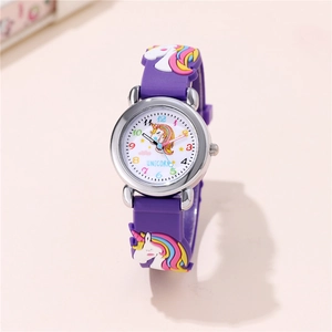 Montre licorne violette pour enfants avec bracelet silicone coloré et motifs 3D arc-en-ciel