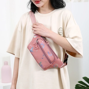 Waterproof pink crossbody waist bag with holographic abstract print and multi-layer zippers