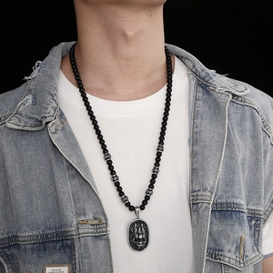 Men's punk wolf head dragon pendant necklace with black obsidian beads and silver accents