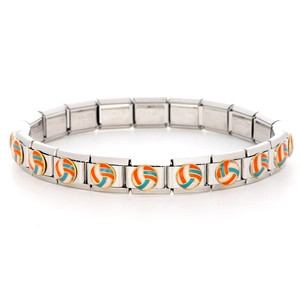 Macro detail of stainless steel bracelet with orange and blue enamel volleyball charms