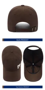 Detailed views showing the brown baseball cap's metal buckle, crown top, and inner structure