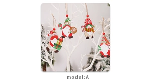 Detailed view of four wooden Christmas gnome ornaments hanging on white branches