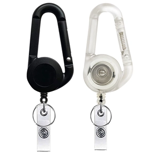 Retractable badge reel with carabiner clip and PVC strap in black and clear colors