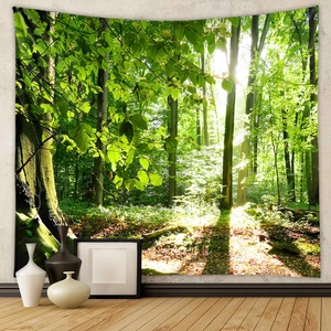 Detail of forest tapestry showing sunlight through leaves and soft fabric texture
