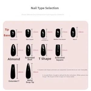 Press-on nail size chart showing 11 shapes from short round to extra-long stiletto lengths