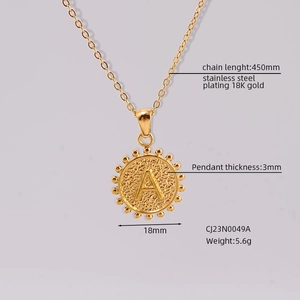 Detail view of 18K gold plated stainless steel letter A necklace with measurement specs
