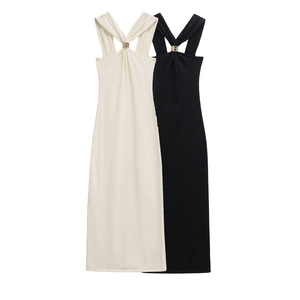 French Style Knitted Halter Dress For Women Elegant V Neck Sleeveless Summer Knit Maxi Dress With Metal Buckle Accessory