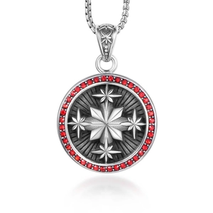 Vintage silver titanium steel necklace with a red gemstone octagonal star pendant