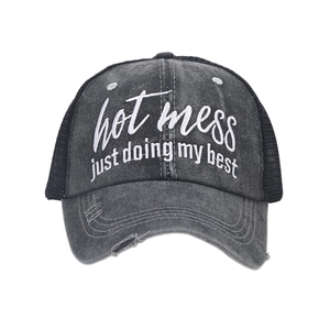 Distressed ponytail baseball cap in charcoal gray mesh with hot mess embroidery