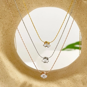 Minimalist titanium steel necklaces with round zircon pendants in gold, silver, and rose gold