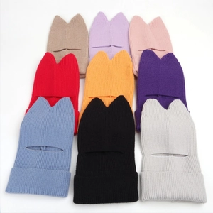 Winter knit cat ear balaclava hood in nine colors with ribbed texture and windproof design