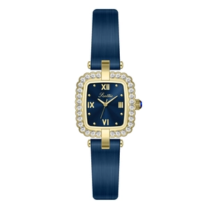 Elegant gold square watch with a navy blue dial, Roman numerals, and diamond-set bezel
