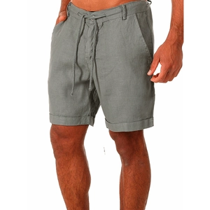 Men's grey cotton linen shorts with drawstring waist and rolled cuffs on white background