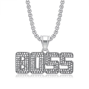 Hip hop silver BOSS letter pendant necklace with sparkling diamonds on box chain