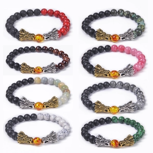 Natural Stone Beaded Bracelet With Alloy Dragon Head Tiger Eye Lava Rock Stretch Hand Jewelry For Men Women Vintage Punk Style