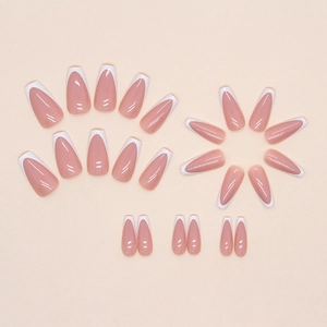 Glossy long coffin ballerina press-on nails with white French tips in 24-piece set