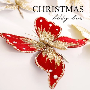 Sparkling red velvet Christmas butterfly ornament with gold glitter and clear rhinestones