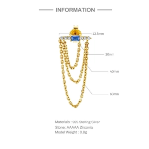 Detail of 925 sterling silver tassel earring with blue rectangular zirconia stone
