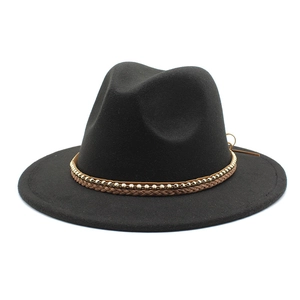 Retro Fedora Hat Wide Flat Brim Woolen Style Cotton Polyester With Woven Band Gold Beads Chain Vintage Jazz Hat For Women