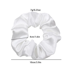 Detail showing white satin hair scrunchie dimensions: 10cm outer diameter and 4cm inner ring