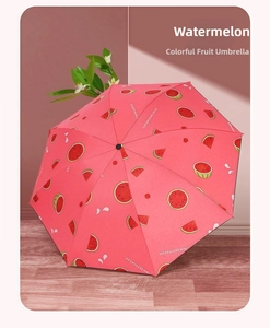 Detail of pink long-handle umbrella with realistic watermelon prints and firm frame