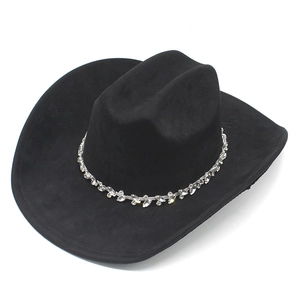 Detail of black faux suede western cowboy hat with rhinestone headband trim decoration