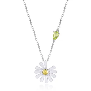 S925 sterling silver daisy necklace with yellow gemstone and green droplet pendant charm