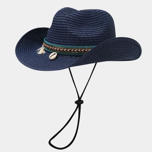 Navy blue straw sun hat with bohemian shell and tassel decor for summer beach holidays
