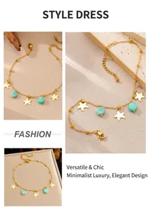 Detail of gold-plated starfish anklet with mint green stones and adjustable lobster clasp