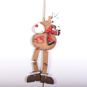 Christmas wooden reindeer pendant with red scarf and rope hanger for tree decoration