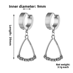 Detail view of silver stainless steel hoop earrings with engraved triangle pendants