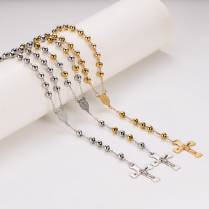 Three 7.8mm stainless steel beaded rosary necklaces in gold, silver, and dual-tone finish
